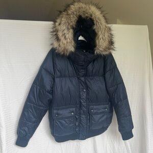 Abercrombie & Fitch Navy Puffer Jacket with Faux Fur Hood
